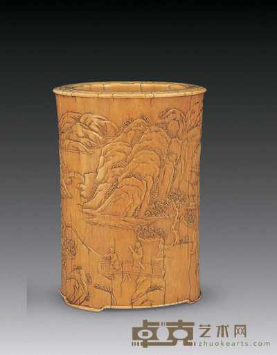 清 象牙雕山水人物笔筒 高11cm